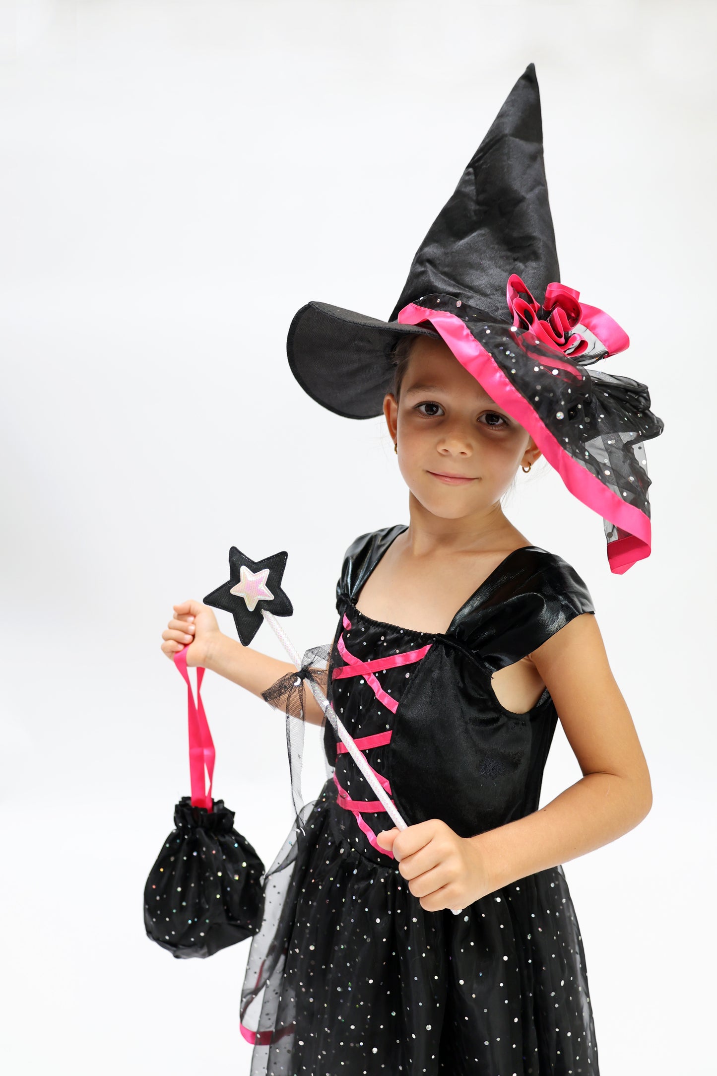 Déguisement Enchanteur d'Halloween : Sorcière Noir et Rose avec Chapeau pour Enfant