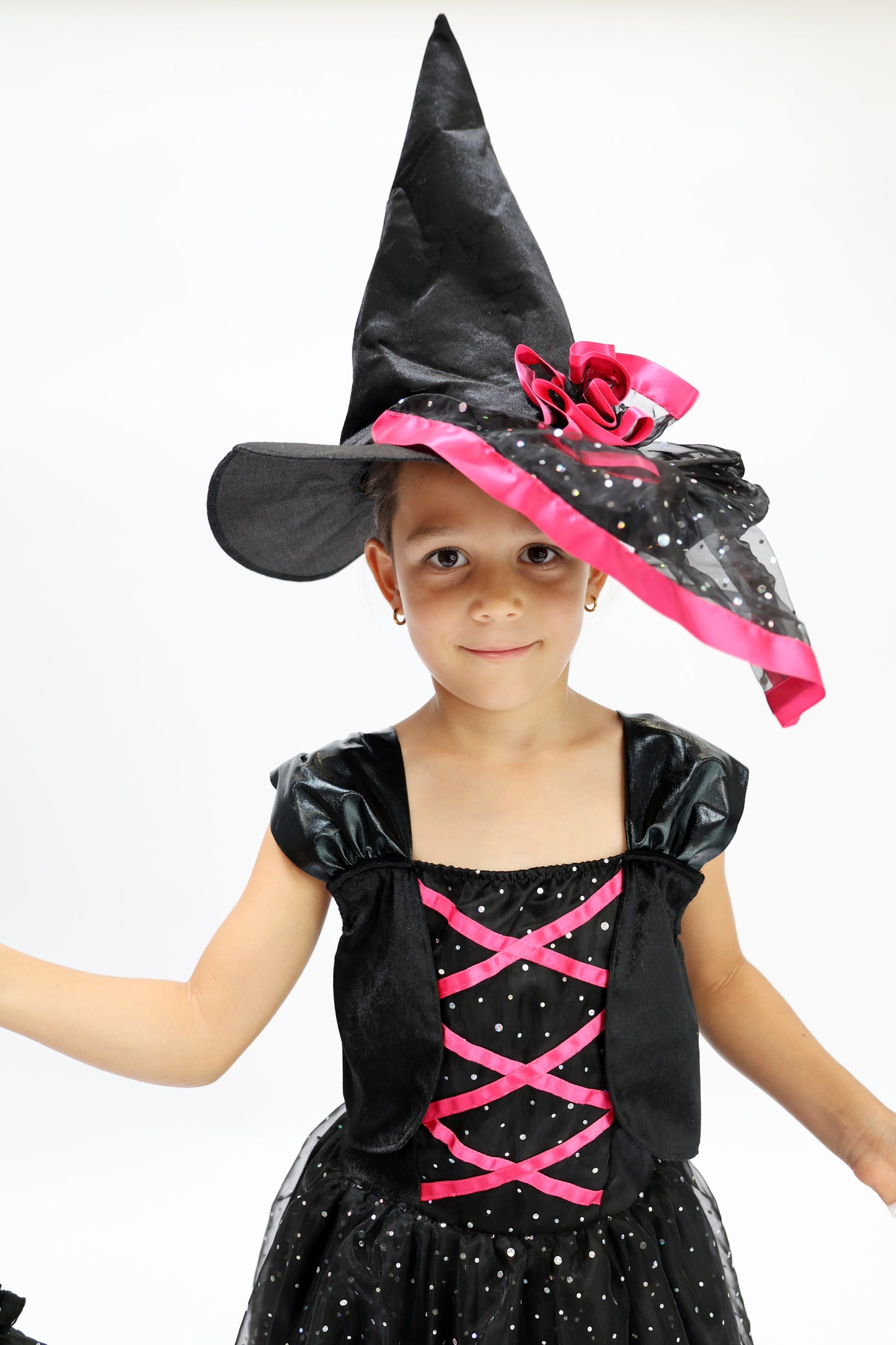 Déguisement Enchanteur d'Halloween : Sorcière Noir et Rose avec Chapeau pour Enfant