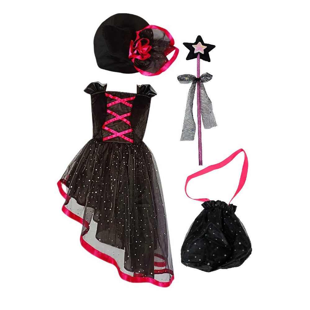 Déguisement Enchanteur d'Halloween : Sorcière Noir et Rose avec Chapeau pour Enfant