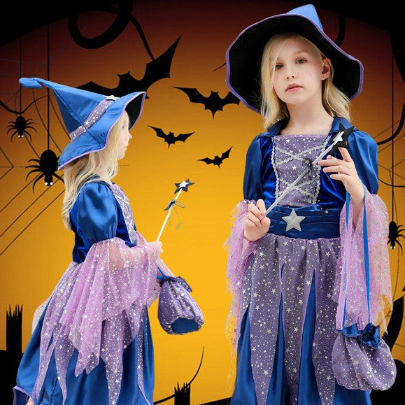 Déguisement Envoûtant d'Halloween : Sorcière Bleu avec Chapeau Enfant