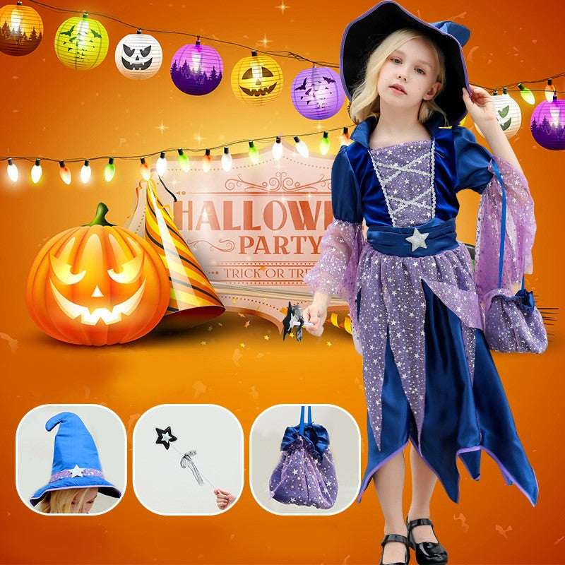 Déguisement Envoûtant d'Halloween : Sorcière Bleu avec Chapeau Enfant