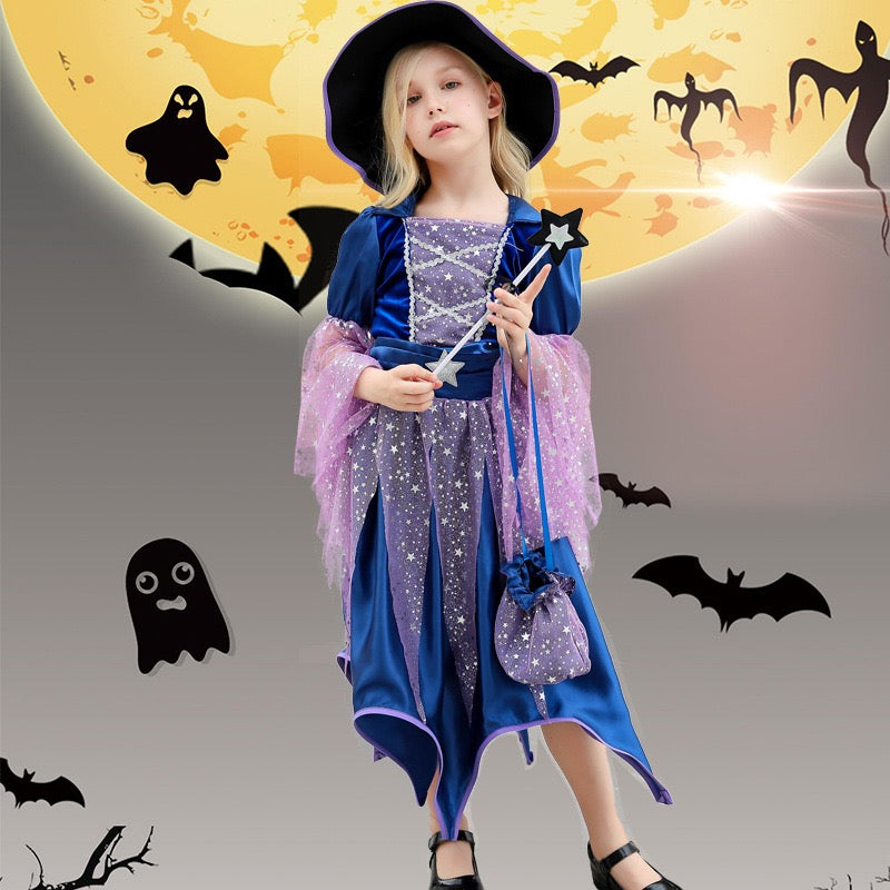 Déguisement Envoûtant d'Halloween : Sorcière Bleu avec Chapeau Enfant