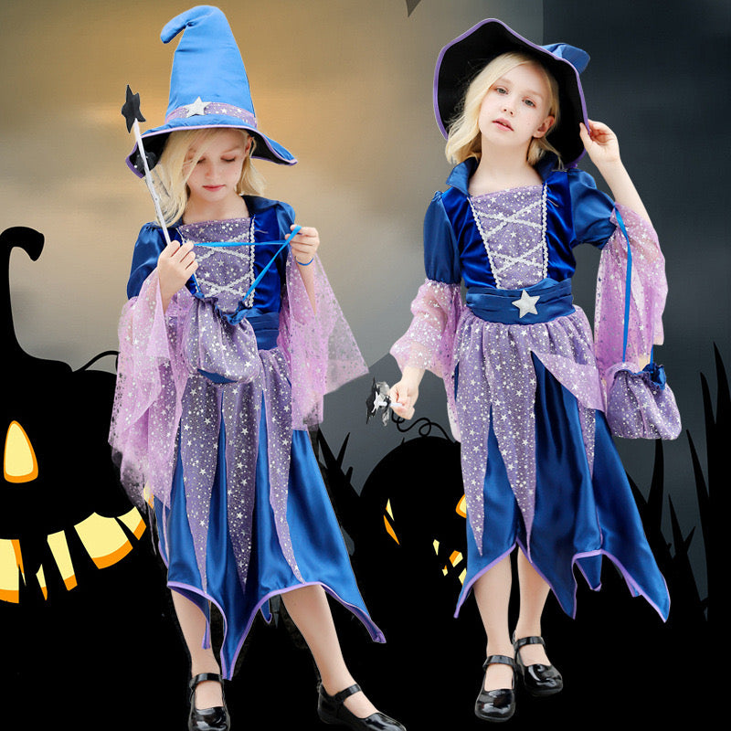 Déguisement Envoûtant d'Halloween : Sorcière Bleu avec Chapeau Enfant