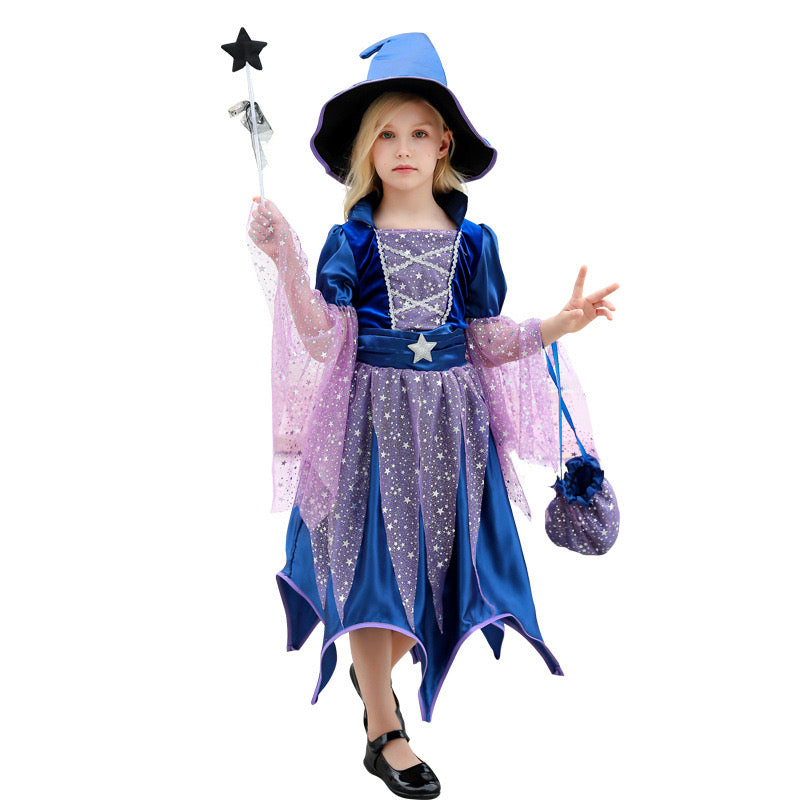 Déguisement Envoûtant d'Halloween : Sorcière Bleu avec Chapeau Enfant