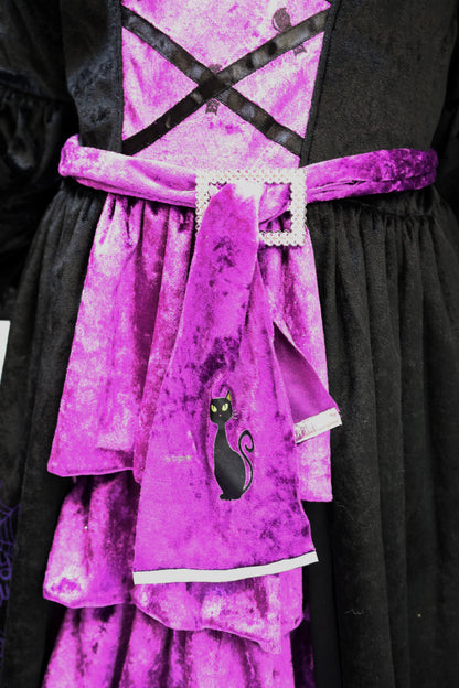 Déguisement Halloween fille – Sorcière Vampire Violet & Noir avec Sac et Ceinture Chat Noir (3 à 8 ans)