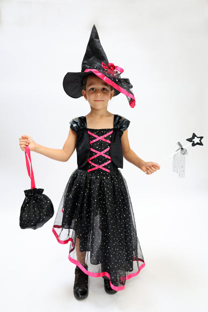 Déguisement Enchanteur d'Halloween : Sorcière Noir et Rose avec Chapeau pour Enfant