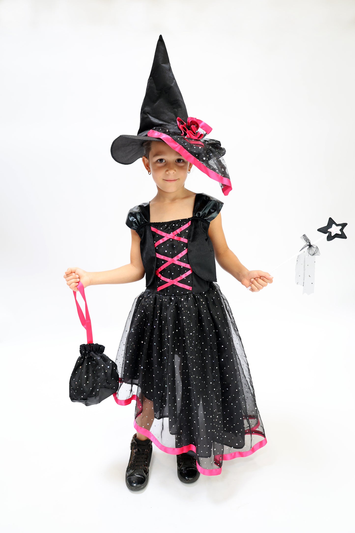 Déguisement Enchanteur d'Halloween : Sorcière Noir et Rose avec Chapeau pour Enfant