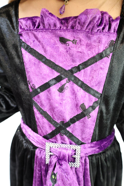 Déguisement Halloween fille – Sorcière Vampire Violet & Noir avec Sac et Ceinture Chat Noir (3 à 8 ans)