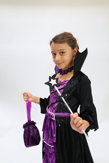 Déguisement Halloween fille – Sorcière Vampire Violet & Noir avec Sac et Ceinture Chat Noir (3 à 8 ans)
