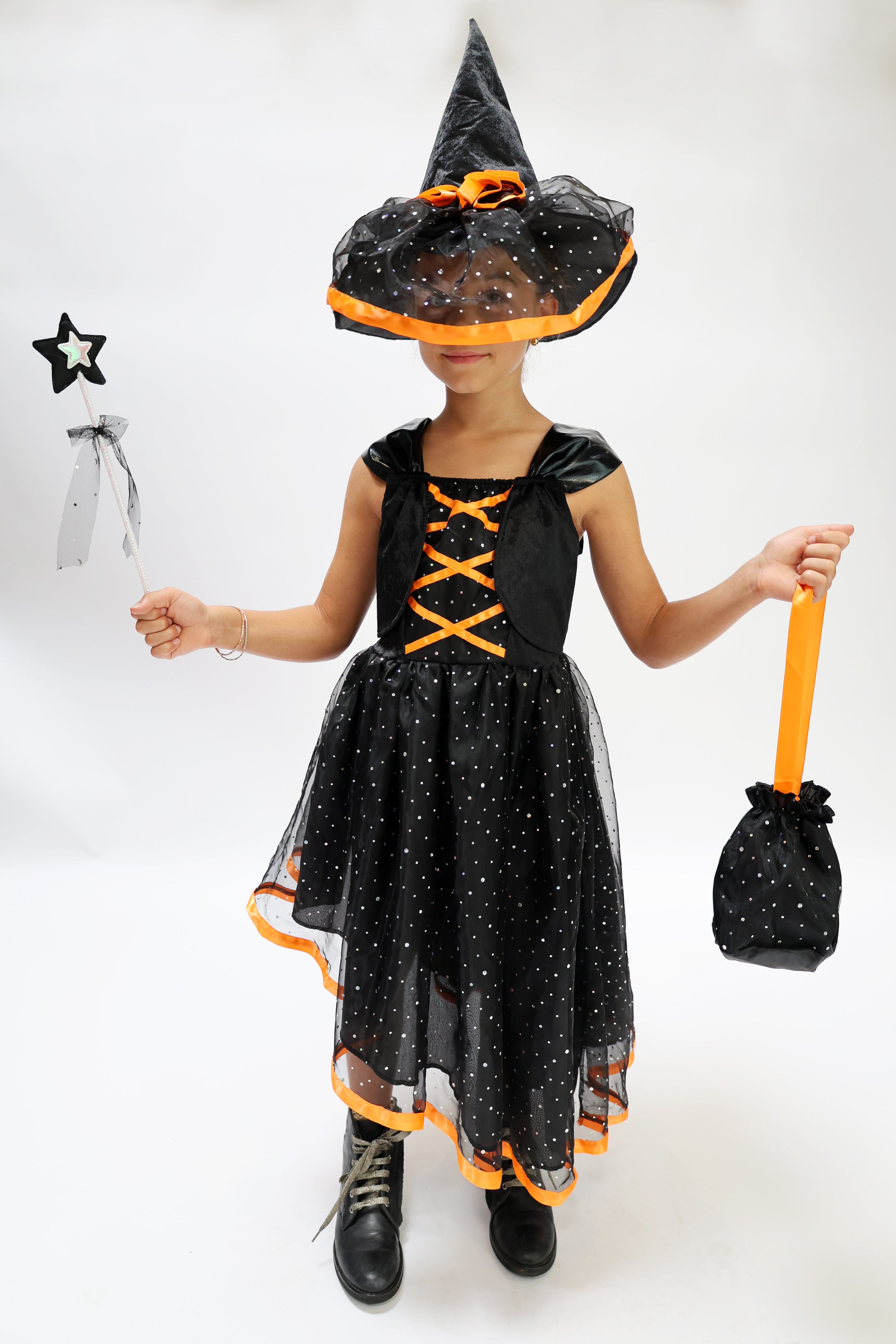 Déguisement Sorcière Fille Noir et Orange – Costume Halloween Enfant