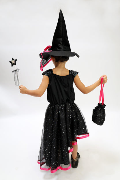 Déguisement Enchanteur d'Halloween : Sorcière Noir et Rose avec Chapeau pour Enfant