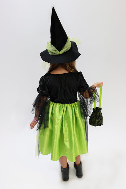 Déguisement d'Halloween : Sorcière Noir et Vert avec Chapeau Enfant
