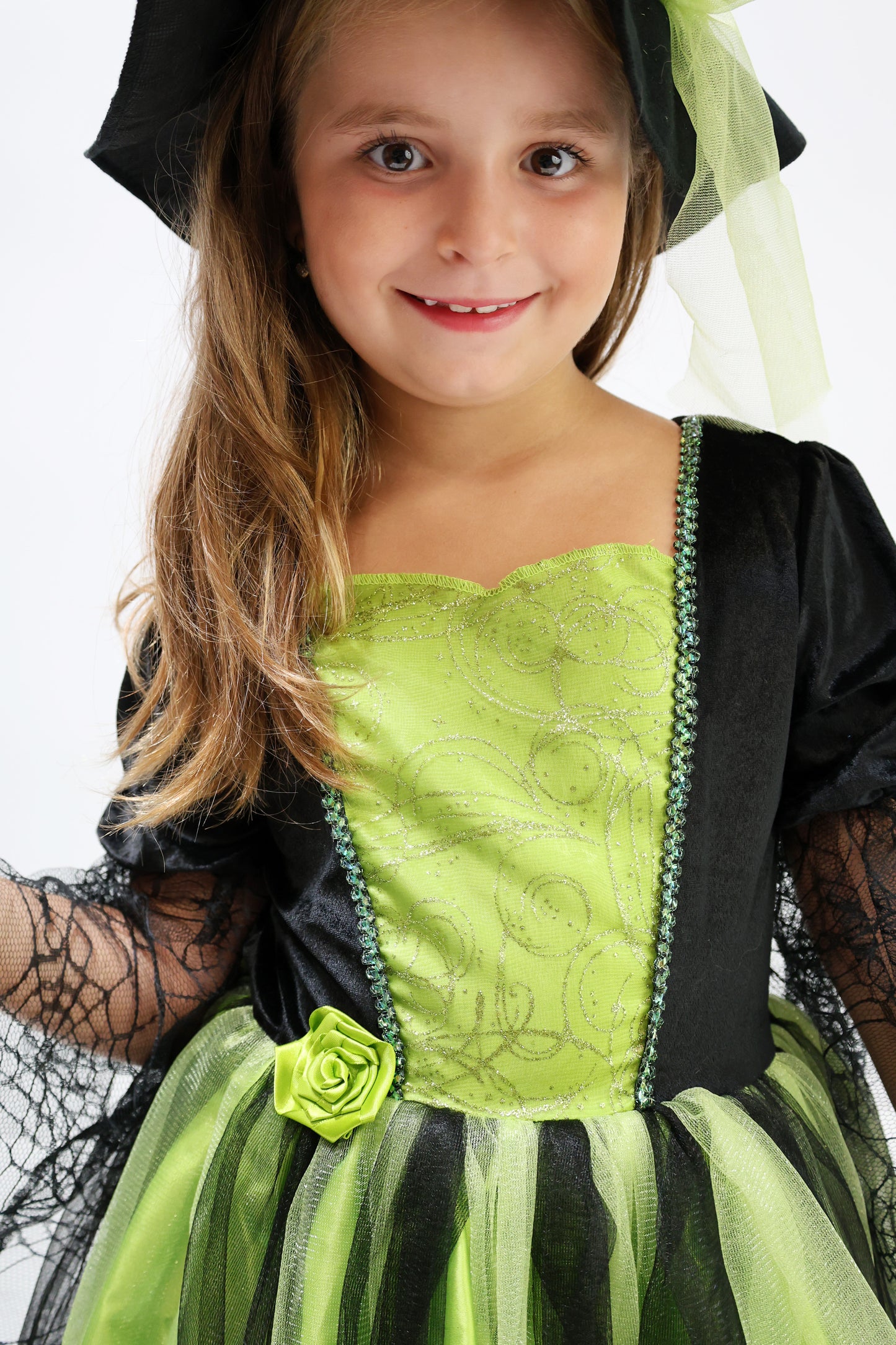 Déguisement d'Halloween : Sorcière Noir et Vert avec Chapeau Enfant