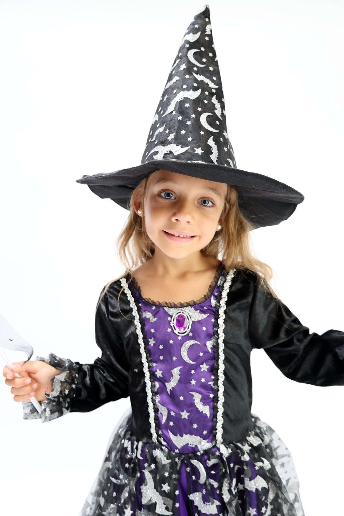Déguisement Sorcière Fille Violet & Noir – Robe Halloween Magique avec Chapeau, Baguette et Sac