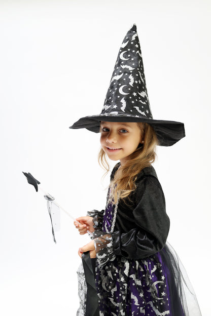 Déguisement Sorcière Fille Violet & Noir – Robe Halloween Magique avec Chapeau, Baguette et Sac