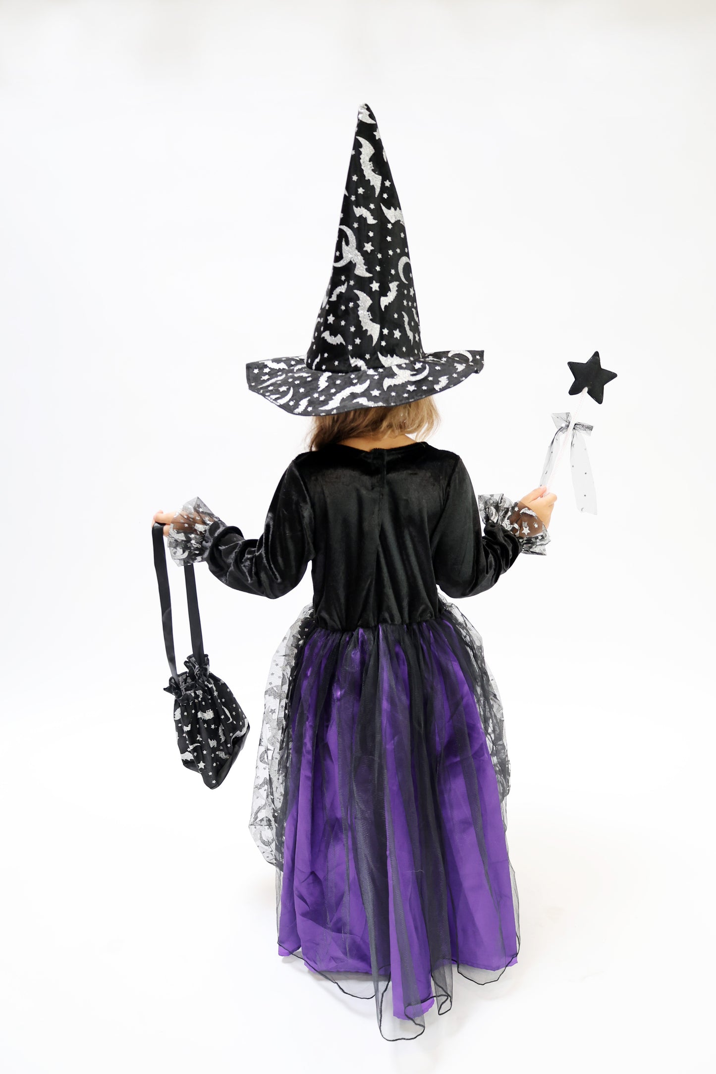 Déguisement Sorcière Fille Violet & Noir – Robe Halloween Magique avec Chapeau, Baguette et Sac