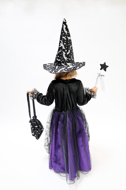Déguisement Sorcière Fille Violet & Noir – Robe Halloween Magique avec Chapeau, Baguette et Sac
