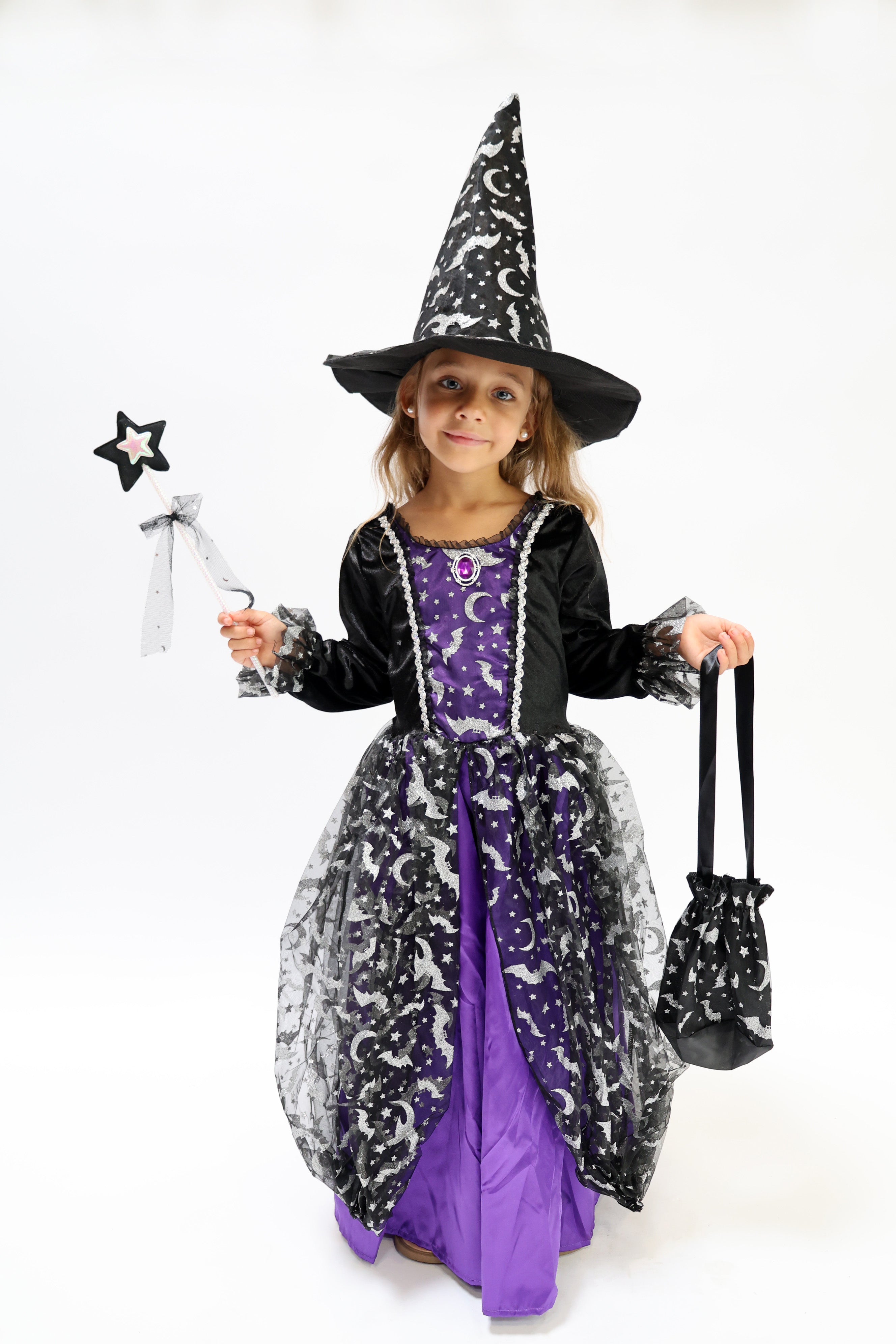 Déguisement Sorcière Fille Violet & Noir – Robe Halloween Magique avec Chapeau, Baguette et Sac