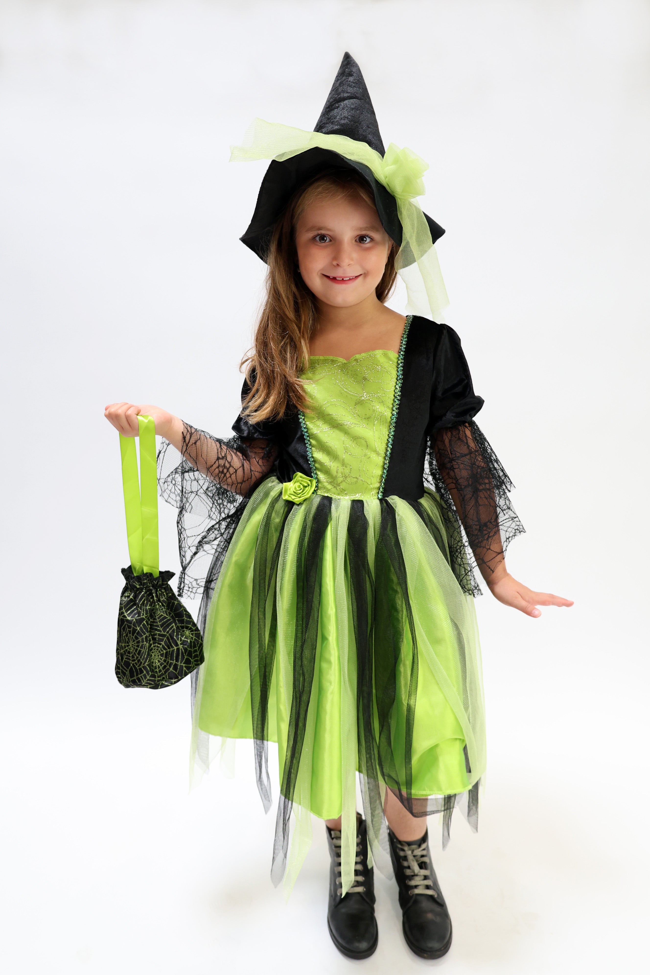 Déguisement d'Halloween : Sorcière Noir et Vert avec Chapeau Enfant