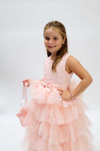 Robe de cérémonie rose à volants et gros nœud